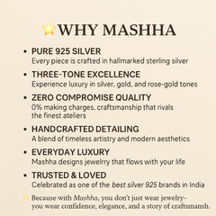 Promotional text about Masha jewelry, highlighting features like pure 925 silver, three-tone excellence, and handcrafted detailing.