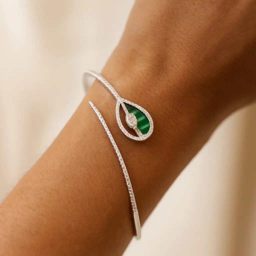 Mashha 925 Silver Emerald Teardrop Radiance Bangle Mashha