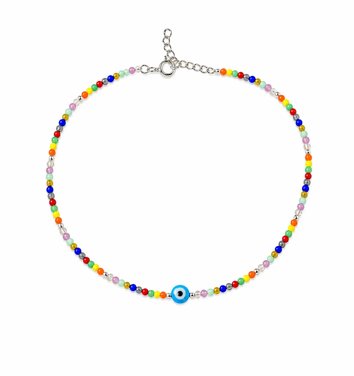 Evil Eye Rainbow Bead Silver Anklet Mashha