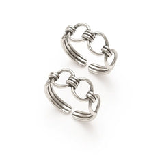 Pair of silver hoop earrings on a white background