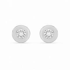 Pair of silver round earrings with clear gemstones on a white background