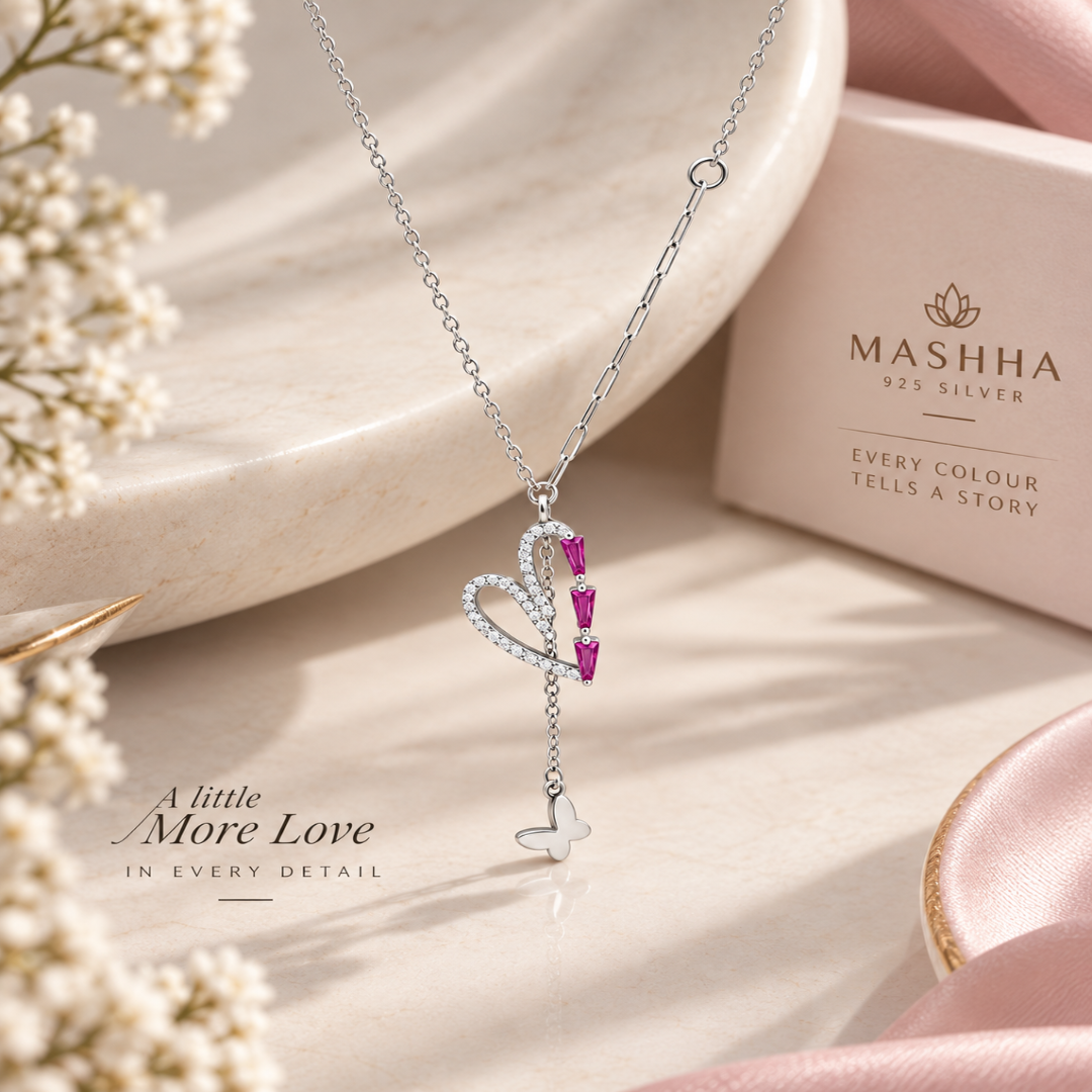 Silver heart pendant necklace with pink stones – Mashha 925 Silver