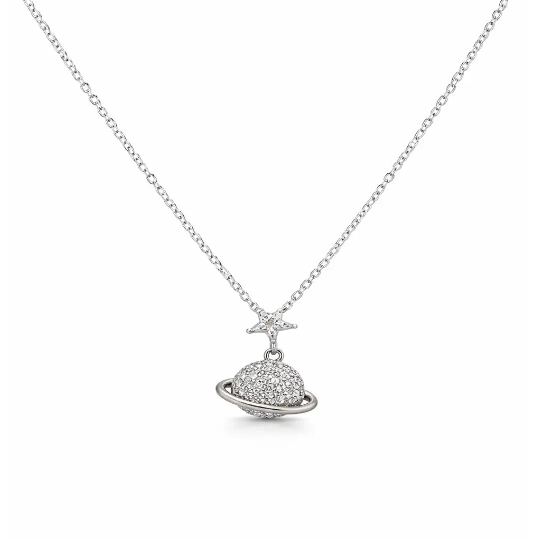 Silver necklace with a star and planet pendant on a white background