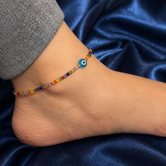 Evil Eye Rainbow Bead Silver Anklet