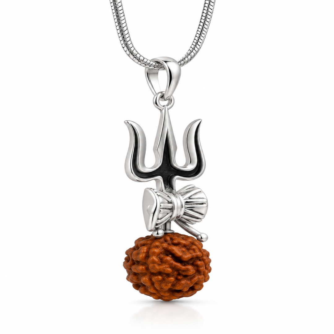 Mashha 925 silver trishul pendant with damru and rudraksha bead