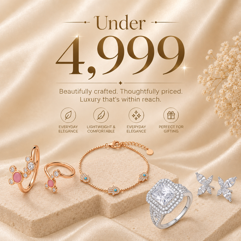 rose gold rings, a matching bracelet, a silver pavé ring, and small silver butterfly earrings, with decorative text reading.