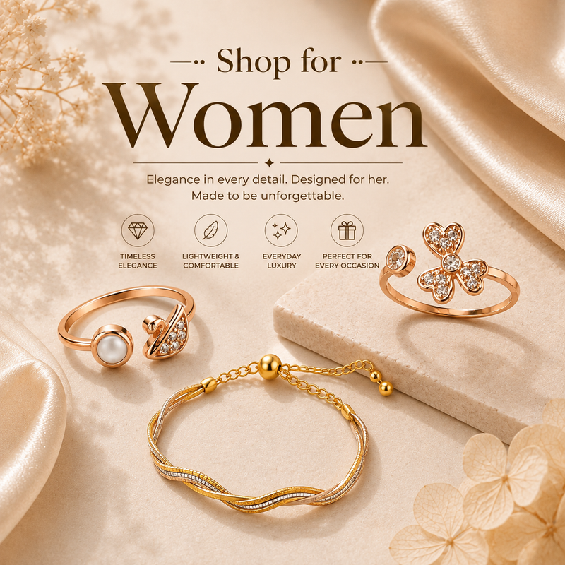 Four women's gold-toned jewelry pieces arranged on a beige surface.